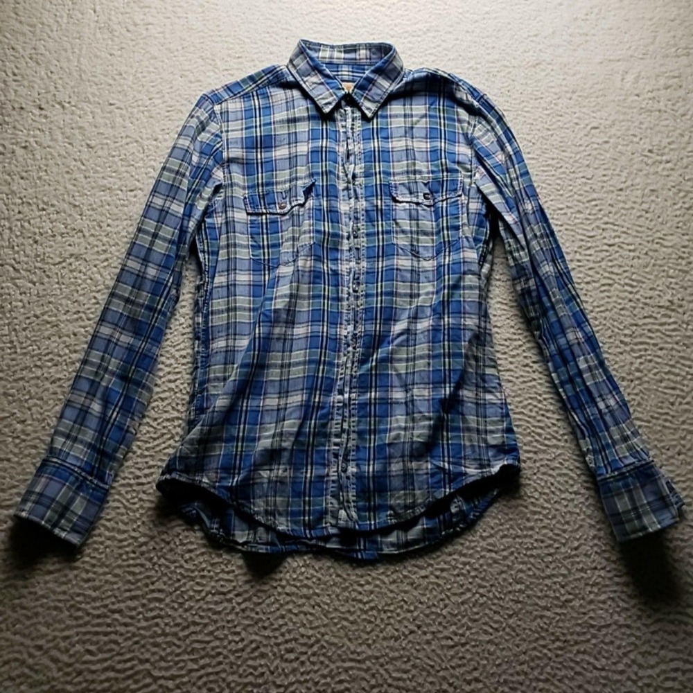 Hugo Boss Button Up Shirt Womens M Blue Plaid BOSS Orange Long Sleeve Top